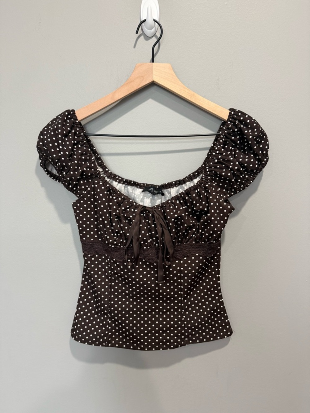 Y2K Brown Polka Dot Puff Sleeve Peasant Top Lace Size Small